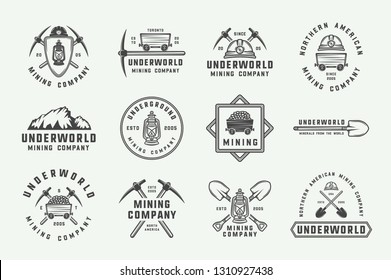 Set of retro mining or construction logos, badges, emblems and labels in vintage style. Monochrome Graphic Art. Vector Illustration. - Vector
