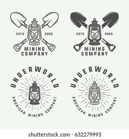 Set of retro mining or construction logos, badges, emblems and labels in vintage style. Monochrome Graphic Art. Vector Illustration.

