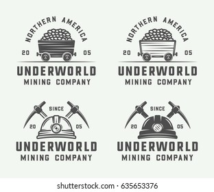 Set of retro mining or construction logos, badges, emblems and labels in vintage style. Monochrome Graphic Art. Vector Illustration.

