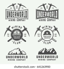 Conjunto de logotipos de minería o construcción retro, insignias, emblemas y etiquetas de estilo vintage. Ilustración de vectores de arte gráfico monocromo. 