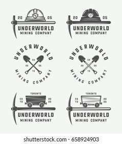 Set of retro mining or construction logos, badges, emblems and labels in vintage style. Monochrome Graphic Art. Vector Illustration.

