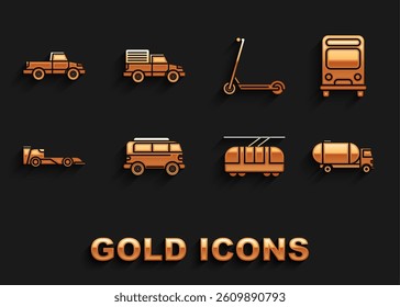 Set Retro minivan, Bus, Tanker truck, Tram and railway, Formula race car, Scooter, Pickup and Delivery cargo vehicle icon. Vector