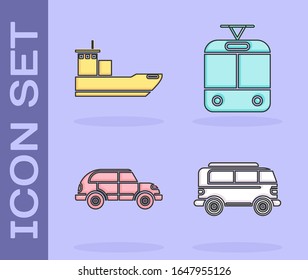Set Retro minivan, Cargo ship, Hatchback car and Tram and railway icon. Vector