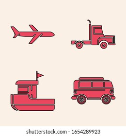 Coloque un icono de minivan, avión, vehículo de coche de carga y barco pesquero. Vector
