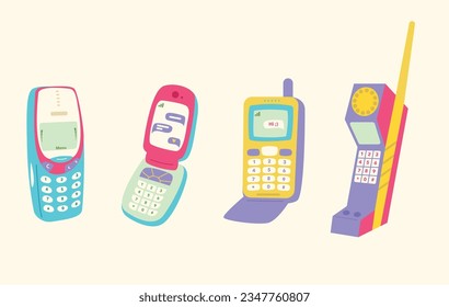 Ajustado con dispositivos de teléfono móvil retro. Teléfonos móviles con botones. Agradable y de diseño de los años 90. Ilustración vectorial dibujada a mano. Electrónica de época. Voltear el teléfono