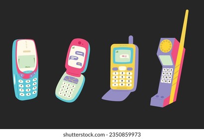 Ajustado con dispositivos de teléfono móvil retro. Teléfonos móviles con botones. Agradable y de diseño de los años 90. Ilustración vectorial dibujada a mano. Electrónica de época. Voltear el teléfono