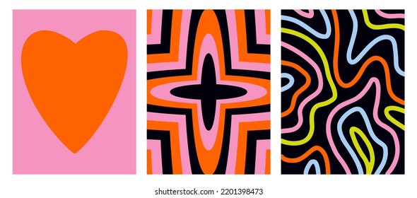 Set of retro modern backgrounds. Vector posters in the style of the 90s. Psychedelic pattern, heart and abstract shapes. Trendy futuristic Graphic Template. Isolated Vector illustration