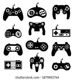 Set of retro and modern gamepads, consoles, joysticks and playing devices for video games. Black icons of computer gadgets and digital controllers. Vector isolated illustrations