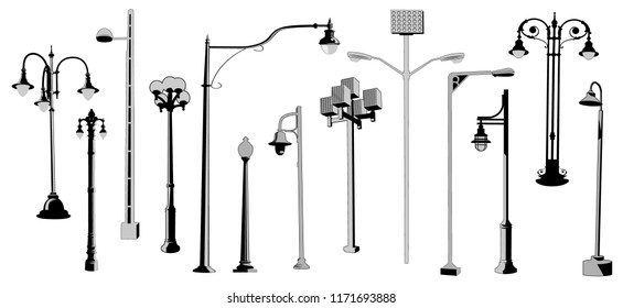Set of retro and modern street lamps vector silhouettes. Urban street lights collection.
