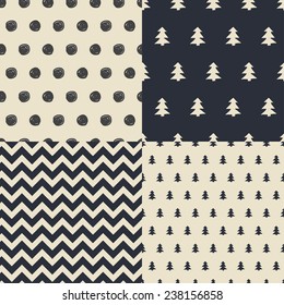 Set Of Retro Monochrome Geometric Christmas Patterns. Collection Of Simple Seamless 4 Black And White Scandinavian Trend Seamless Pattern - Black Hand Drawn Dots, Chevrons, Christmas Tree.