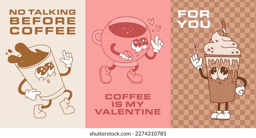 Set of Retro monochrome posters with cups of hot drink in 30s vintage cartoon style. Coffee characters in 4 0s, 50s, 60s old animation style. Vintage comic cafe mascots. Contour vector illustration.