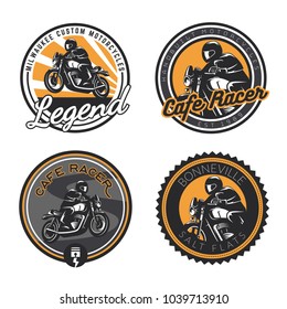 Set of retro motorcycle round emblems and badges isolated on white background. 