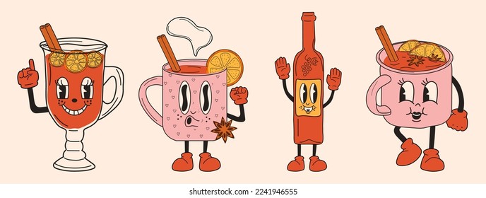 Set of  Retro Mulled wine. 30s cartoon mascot character -. 40s, 50s, 60s old animation style.Mulled wine with cinnamon.Vector in cartoon style. All elements are isolated