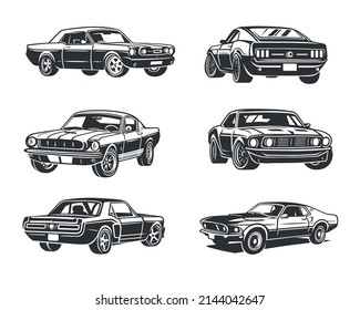 Conjunto de coches de músculo retro, ilustración vectorial. Afiche vintage del retro car.