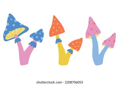 Set of retro mushrooms from the 70s. Vector illustration. Drawn style. Collection of groovy retro mushrooms.