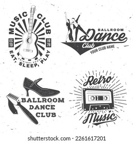 Conjunto de música retro y logotipos del club deportivo de baile Ballroom, diseño de insignias. Deportes de baile y stickers de música retro con guitarra clásica, cassette de audio, zapatos para bailar en salón de baile, silueta de hombre y mujer