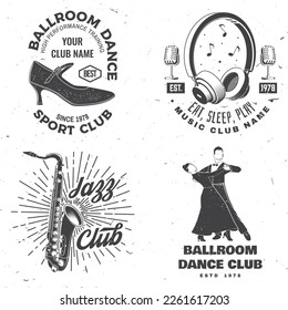 Conjunto de logos de clubes deportivos de música retro y baile de salón, diseño de insignias. Deportes de baile y stickers de música retro con micrófono, auriculares, saxofón, zapatos para bailar en salón de baile, silueta de hombre y mujer