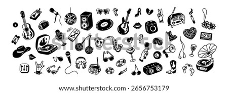 Set of retro music design elements. Punk rock doodle grunge background. Emo goth poster. Girly bachelorette retro party, karaoke, disco club, jazz festival poster. Whimsical hand drawn illustration