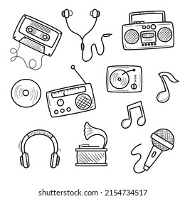 Set of retro music doodle illustrations isolated on white background