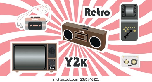 Conjunto de elementos de música retro de los años 90, 80, 70. Clipart. Ilustración vectorial para fiesta de música nostálgica, publicación publicitaria