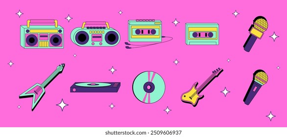 Set of retro music equipment 90s. Vector