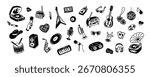 Set of retro music hand drawn doodle elements. Vintage vinyl player, disco ball, musical instruments. Hand with microphone. Punk, rock, jazz festival. Vector illustration in sketch style