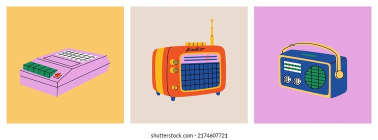 Set of retro music players, cassette recorder, vintage radio. Hand drawn vector illustration isolated on colored background in modern flat cartoon style.