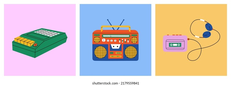 Set of retro music players, cassette recorder, boombox, headphones. Hand drawn vector illustration isolated on colored background in modern flat cartoon style.