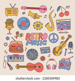 Set of retro music players, cassette recorder, headphones, , vintage turntable, cassette, musical instruments and vinyl plate. Hand drawn vector illustration isolated in modern 70s vintage style.