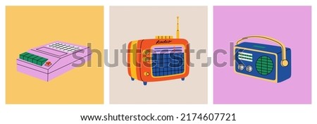 Set of retro music players, cassette recorder, vintage radio. Hand drawn vector illustration isolated on colored background in modern flat cartoon style.