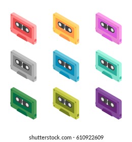 Set retro music tape icon in different colors. Audio cassette isometric icon