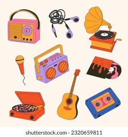 Conjunto de cosas musicales retro, icono aislado. Diseño de ilustración de vector