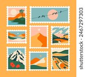 Set of retro nature landscape post card stamp. Vintage style natural environment scenery postage sticker collection, travel destination mail, beautiful tourism scenery. Includes mountain, beach view.