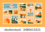 Set of retro nature landscape post card stamp. Vintage style natural environment scenery postage sticker collection, travel destination mail, beautiful tourism scenery. Includes mountain, beach view.	