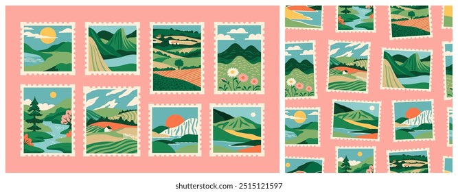 Set of retro nature landscape post card stamp. Vintage style natural environment scenery postage sticker collection, travel destination mail, beautiful tourism scenery. Includes seamless pattern.	