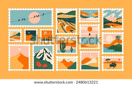 Set of retro nature landscape post card stamp. Vintage style natural environment scenery postage sticker collection, travel destination mail, beautiful tourism scenery. Includes mountain, beach view.	