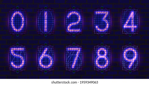 Set of retro neon numbers from blue lamps in-12, nixie tube indicator, industrial lamp gas-discharge indicator, neon light on dark background. Vector steampunk illustration.