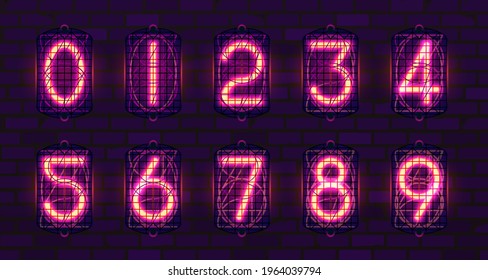 Set of retro neon numbers from pink lamps in-12, nixie tube indicator, industrial lamp gas-discharge indicator, neon light on dark background. Vector steampunk illustration.