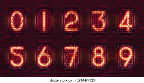 Set of retro neon numbers from red lamps in-12, nixie tube indicator, industrial lamp gas-discharge indicator, warm light on dark background. Vector steampunk illustration.