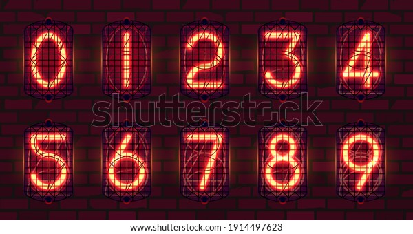 Set of retro\
neon numbers from red lamps in-12, nixie tube indicator, industrial\
lamp gas-discharge indicator, warm light on dark background. Vector\
steampunk illustration.