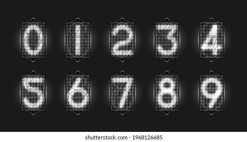 Set of retro neon numbers from white lamps in-12, nixie tube indicator, industrial lamp gas-discharge indicator, neon light on black background. Vector steampunk illustration.