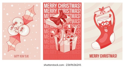 Set of retro New Year (Christmas) cards with cartoon characters. Cartoon characters, vintage, groovy. Mistletoe berries, gift box, Christmas stocking