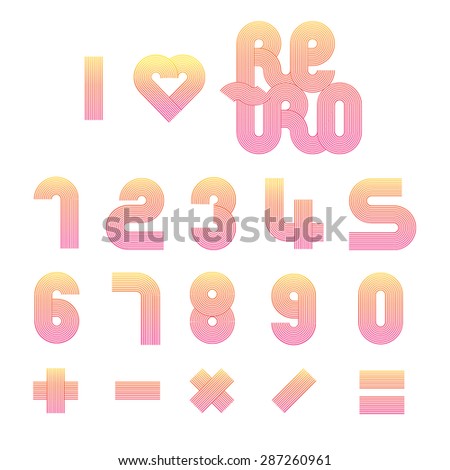 Set of retro numbers zero to nine striped pattern. 
