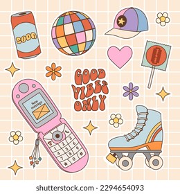 Set von Retro-Objekten. Flip-Telefon, Disco-Ball, Rollschuhe, Lollipop, Limonade, Getränk, Limonade, Baseballkappe, Rasierklinge. Zurück in die 90er. Nostalgie für das Element der 90er Jahre. Retro-Stil.