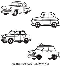 Set of retro old car outline on white background .