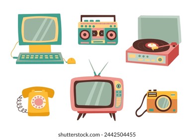 Conjunto de dispositivos electrónicos antiguos retro en estilo plano. Ilustración dibujada a mano del vector.