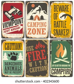 Set Of Retro Outdoor Camp Signs And Poster Templates. Warning And Info Tin Signs Collection For Camping Site Or National Park On Old Scratched Background.