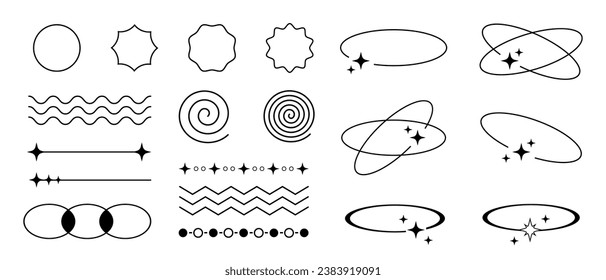 Set of retro outline black thin empty frames, decorative design elements and dividers in Y2K futuristic aesthetic, vector illustration.