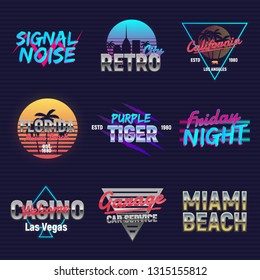 Set of retro outrun neon logos. Neon logo designs. 9 Vector retro 80's logos set. Retro prints for T-shirt, typography.