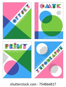 A set of retro overprint multilayered anaglyph effect designs for print and typography. Offset print effect, cubist minimalist shapes.